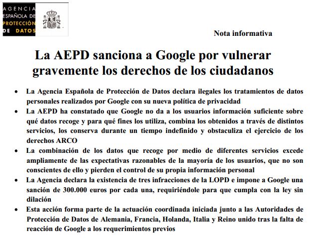 Nota informativa Agencia Protección Datos Google